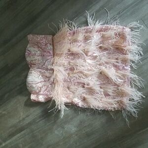 Pink Lace Feathered Sequin Strapless Mini Dress Size XS